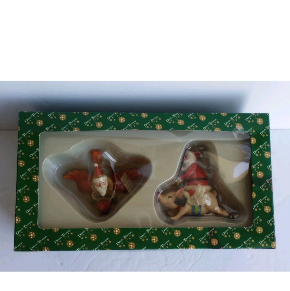 2 Vtg Dillard Trimming Christmas Ornaments Santa Riding Pig & Cardinal Rare